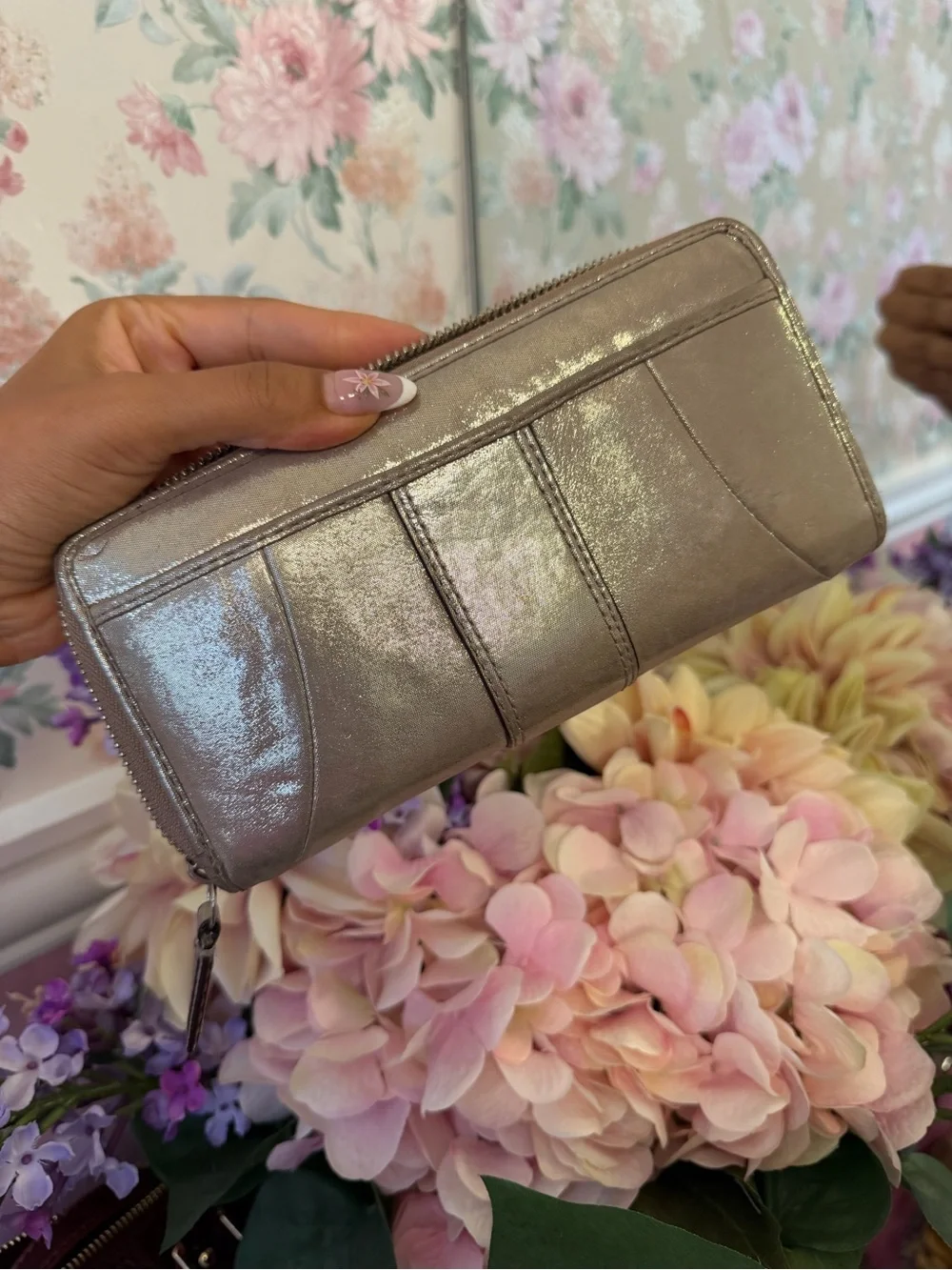 Y2K Metallic Taupe Women's Wallet with Buckle Accent